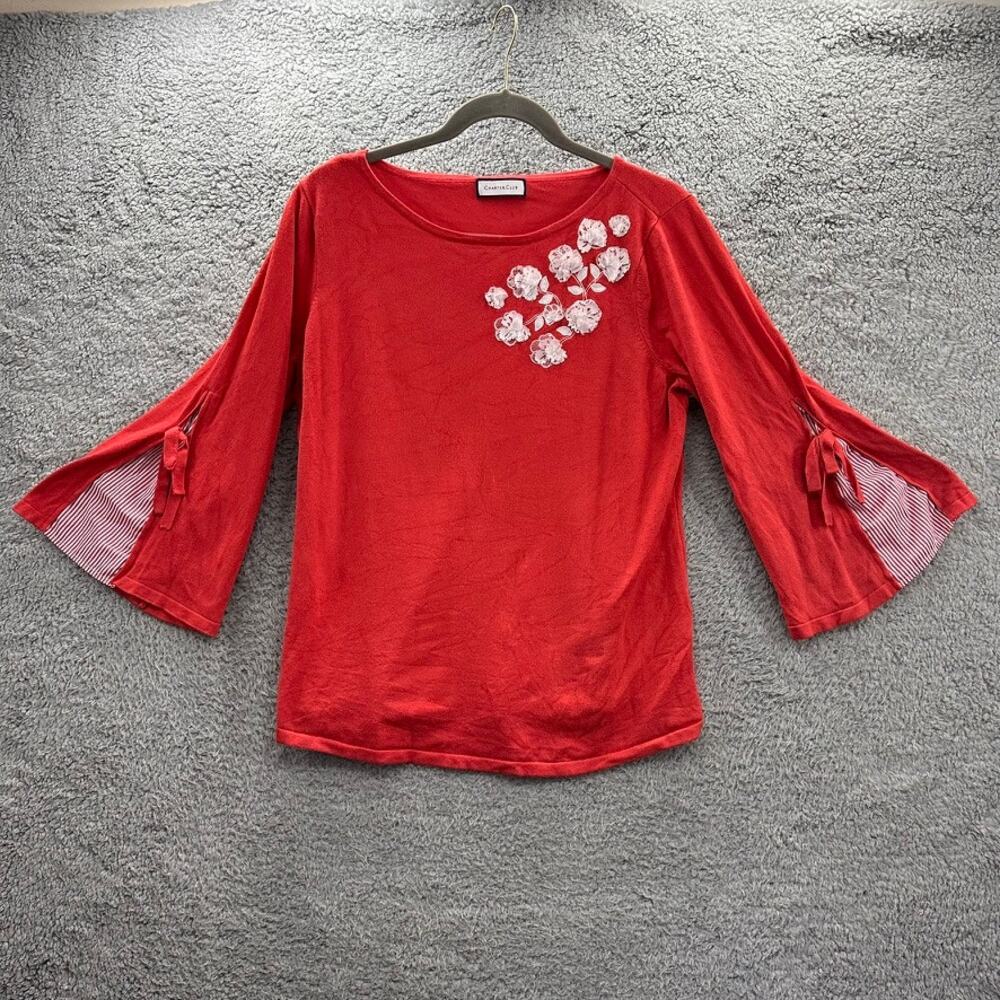 Charter Club Size‎ ?Large Salmon Color Floral Bell Sleeves Contrasting Fabric